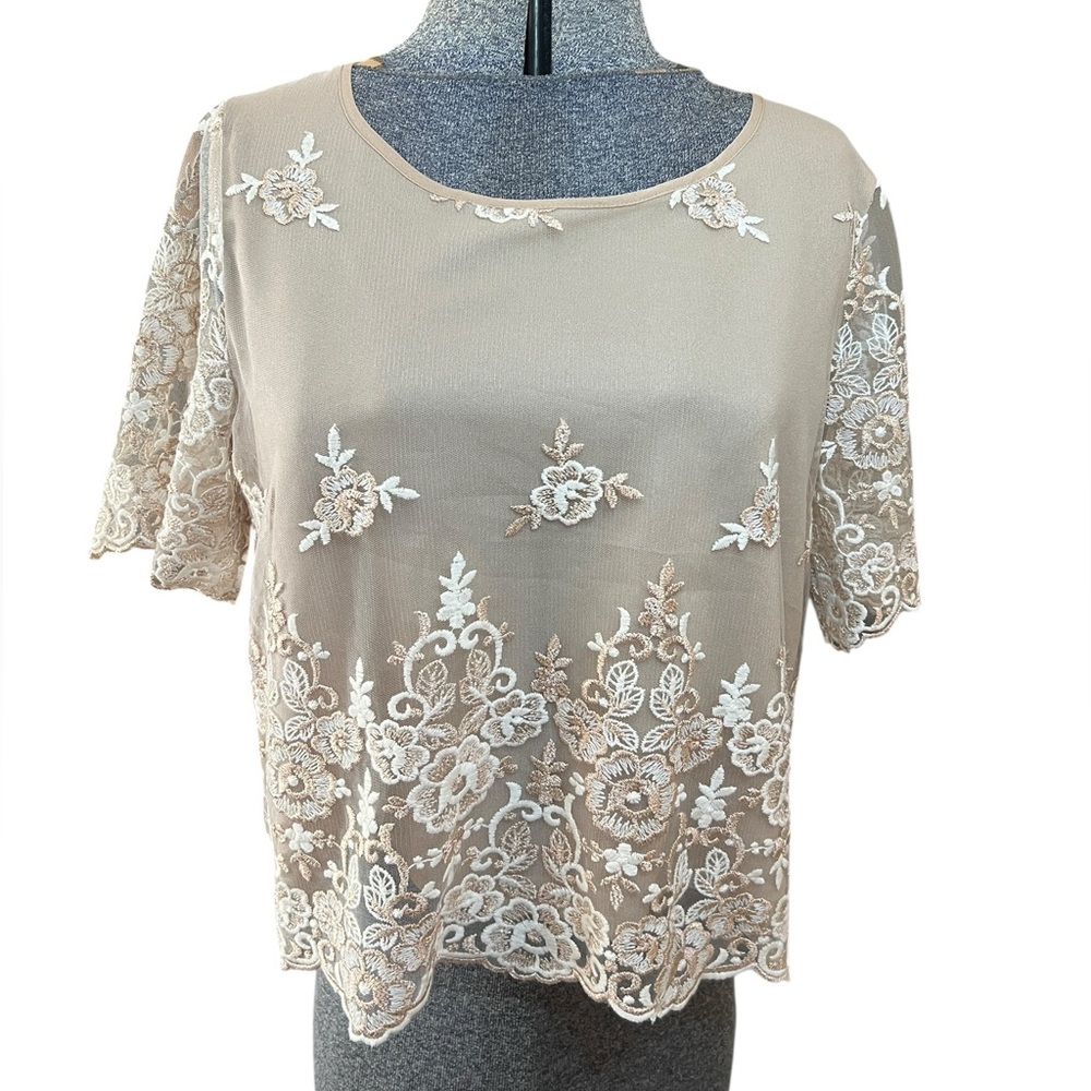 LC Lauren Runway Conrad Beige Floral Lace Embroidered Blouse